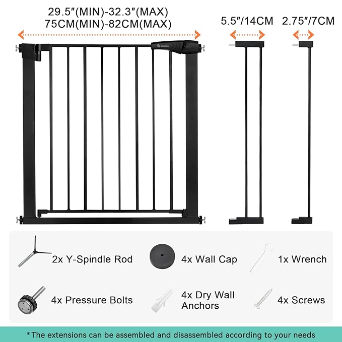 COMOMY 30" Tall Baby Gate for Stairs Doorways, Fits Openings 29.5" to 40.5" Wide, Auto Close Extra Wide Dog Gate for House, Pressure Mounted Easy Walk Through Pet Gate with Door, Black