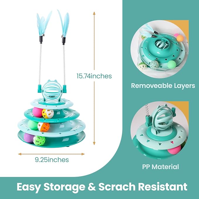 Kitten Toys, Interactive Cat Puzzle Toys for Indoor Cats, Cat Tower with 2 Kitty Teasers and Ball Track (Green)