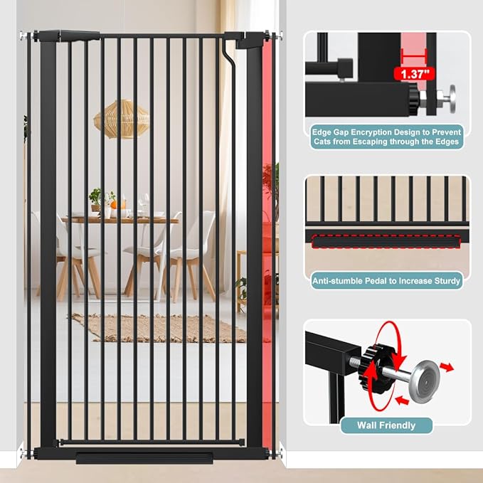 51.18" Extra Tall Pet Gate for Cats Dogs-29.6"-56.3" Extra Wide Baby Cat Gate for Stairs and Doorways-1.37" Ultra Narrow Spacing Dog Gate Dog Door with One-Handed Operation(29.6"-56.3")