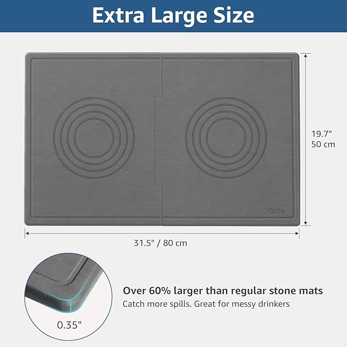 Yolife Extra Large Dog Water Bowl Mat, Fast Water Absorbing Stone Pet Feeding Mat for Messy Drinkers, Stone Drying Mat for Dogs Food and Water Bowls, Dog Cat Food Mats for Floors(31.5” x 19.7”, Grey)