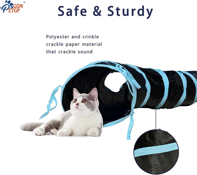 Cat Tunnels for Indoor Cats with Cube Tent Toys Combo, Pop Up Collapsible Crinkle Interactive Peek Hole, Cat Tube with Play Ball and Bell for Kitten, Puppy, Kitty, Rabbit - Set of 3