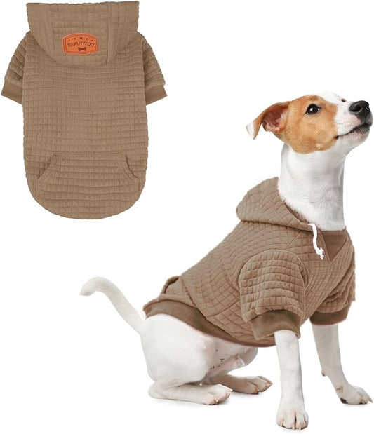 BEAUTYZOO Small Dog Hoodie Sweater with Pockets, Dog Clothes for Small Medium Dogs Boy Girl, Waffle-Like Laminated Cotton Pet Coats with Hat and Leash Hole, Khaki XXS