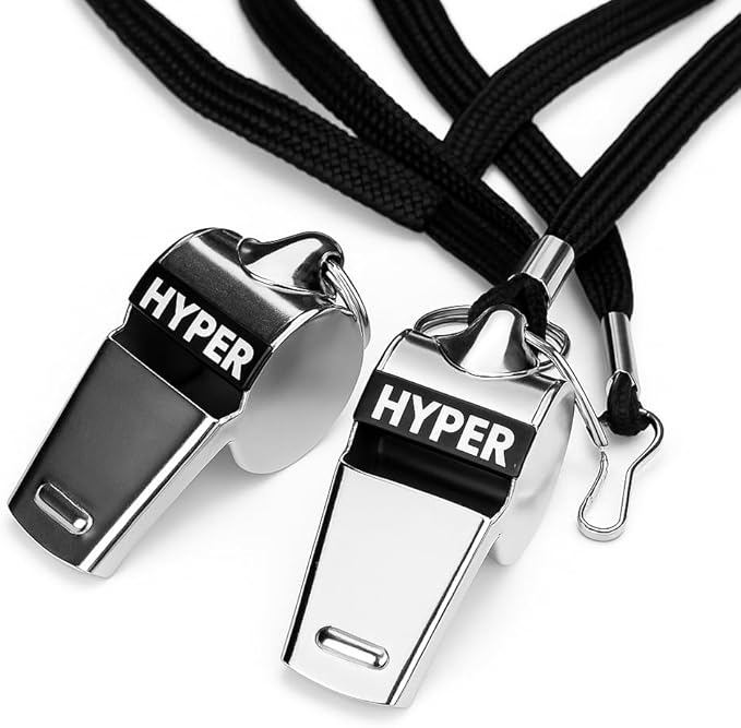 HyperSteel Stainless Steel Sports Whistles (2 Pack) with Lanyards - Super Loud - Durable - Clear Sound - Ideal for Coaching, Referee, Survival, Emergency, Dog Training, Boating, Hunting.