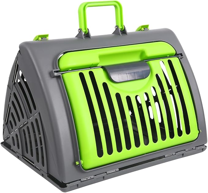 Foldable Travel Cat Carrier, Small Cat Carrier Hard Up to 25lbs, 18" Lx14.5 Wx14 H Front Open Type Plastic Cat Carriers, Green