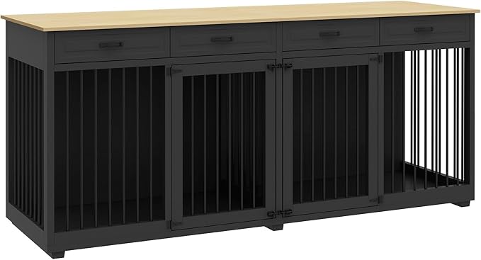 Extra Large Dog Crate, 86.6" Heavy Duty Wooden Dog Cage Furniture Dog Crate Kennel with Drawers & Removable Divider,Indoor Luxury Dog House with Double Rooms for XL L Breed Dogs, Black