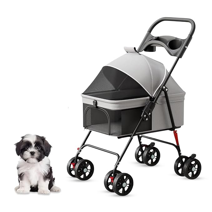 Luxe Haus 4 Wheel Foldable Pet Stroller - Lightweight Dogs and Cats Stroller Upto 44lbs with Mesh Canopy, Storage Basket and Cup Holder, Durable for Walks and Outings (Small)