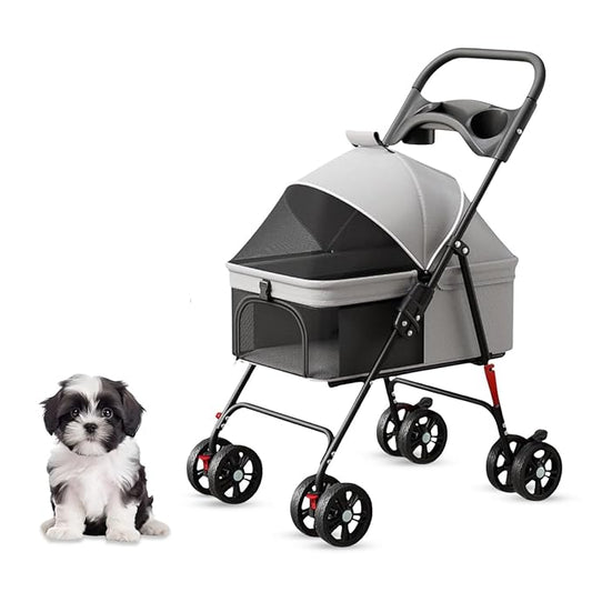 Luxe Haus 4 Wheel Foldable Pet Stroller - Lightweight Dogs and Cats Stroller Upto 44lbs with Mesh Canopy, Storage Basket and Cup Holder, Durable for Walks and Outings (Small)