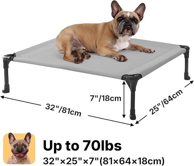 Veehoo Outdoor Elevated Dog Bed for Medium Dogs, Cooling Raised Dog Cots Beds Training Platform Off Ground Hammock with Breathable Mesh, No-Slip Feet, 32"x25", Grey