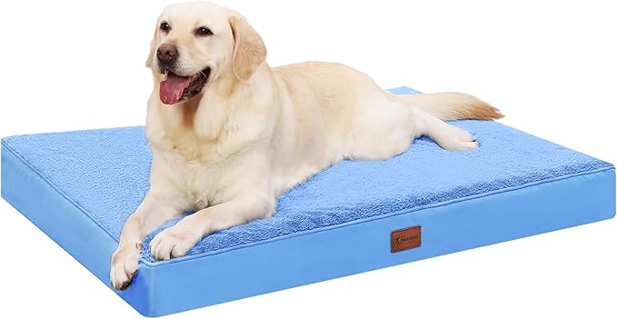 MIHIKK Waterproof Dog Bed Medium Size Dog Orthopedic Pet Beds for Crate with Removable Washable Cover Egg-Crate Foam Pet Pad Mat with Anti-Slip Bottom, 35x22 Inch, Blue