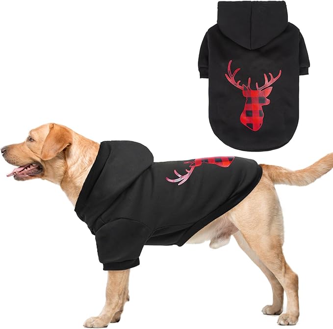 SCENEREAL Christmas Dog Hoodie with Leash Hole, Warm & Soft Fleece Pet Sweater & Sweatshirt for Small Medium Large Dogs, Xmas Elk Print Pets Clothes Cold Weather Costume, XL