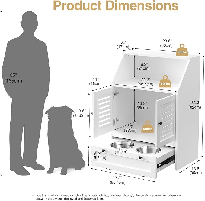 Giluta Dog Feeding Station, Food Cabinet Furniture with 2 Dog Raised Bowls, Pet Food Storage Pet Feeder Cabinet Container for Feeding&Watering Supplies,White