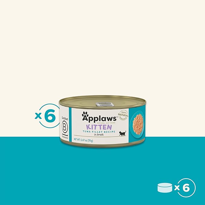 Applaws Natural Wet Kitten Food, Limited and Natural Ingredients, High Protein with No Artificial Additives, Tuna Fillet in Broth (6 x 2.47oz Cans)