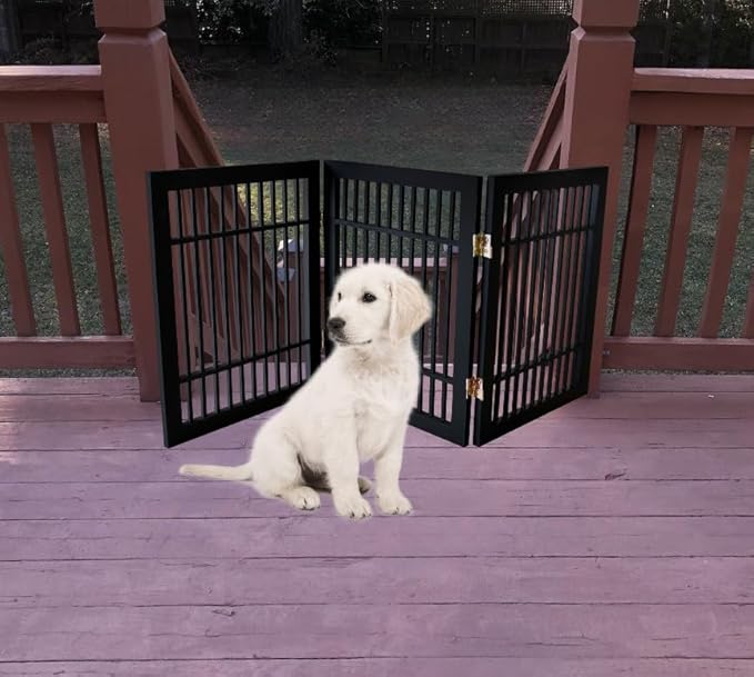 Pet Dog Gate Strong and Durable Freestanding Folding Acacia Hardwood Portable Wooden Fence Indoors or Outdoors by Urnporium (Black Pet Gate, 3 Panel 24" Tall)