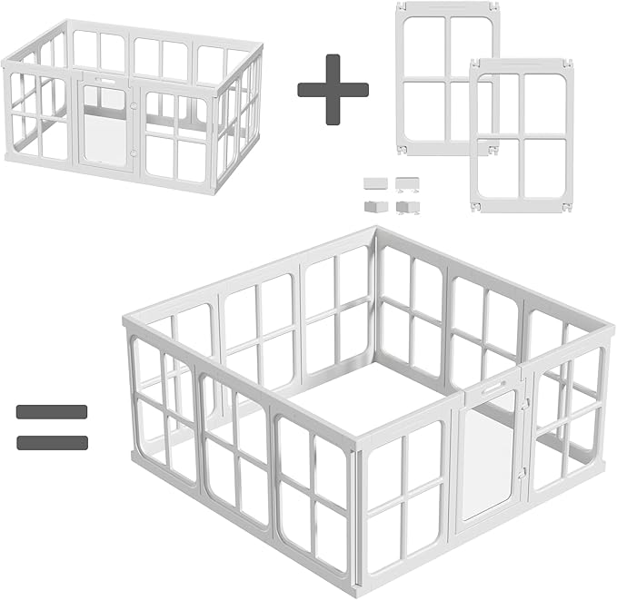 Clear Acrylic Dog Playpen Indoor, 12 PCS Plastic Puppy Playpen with Door, Cat Rabbit Ferret Pet Play Pen, Easy Assemble Dog Fence Crate Kennel Whelping Cage Enclosure for Small Dogs, White
