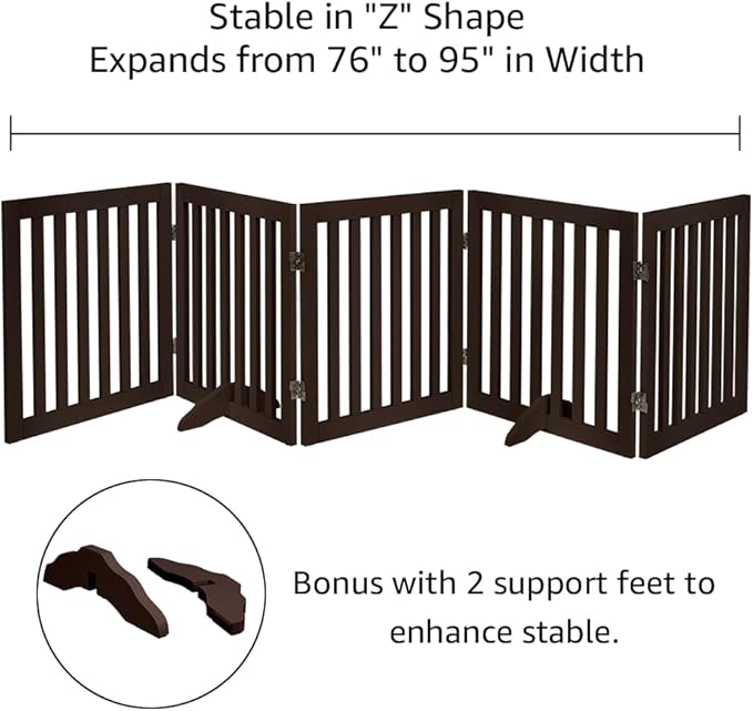 unipaws 24”H Free Standing Pet Gate for Dogs and Cats, Wooden Dog Gates for Doorway, Stairs, Dog Room Divider, Step Over Foldable Pet Fence for The House, Expandable Barrier, Indoor Use, Espresso