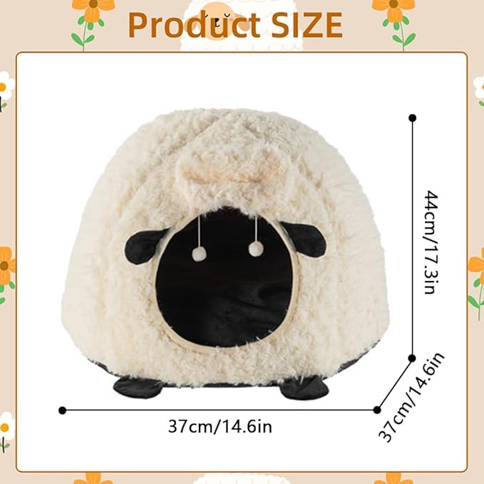Cute Cat Bed Cave for Indoor Sheep Shaped Pet Plush House Self-Warming Nest Small Dogs Rabbits with Removable Cushion for Puppy Bed with Hanging Toy
