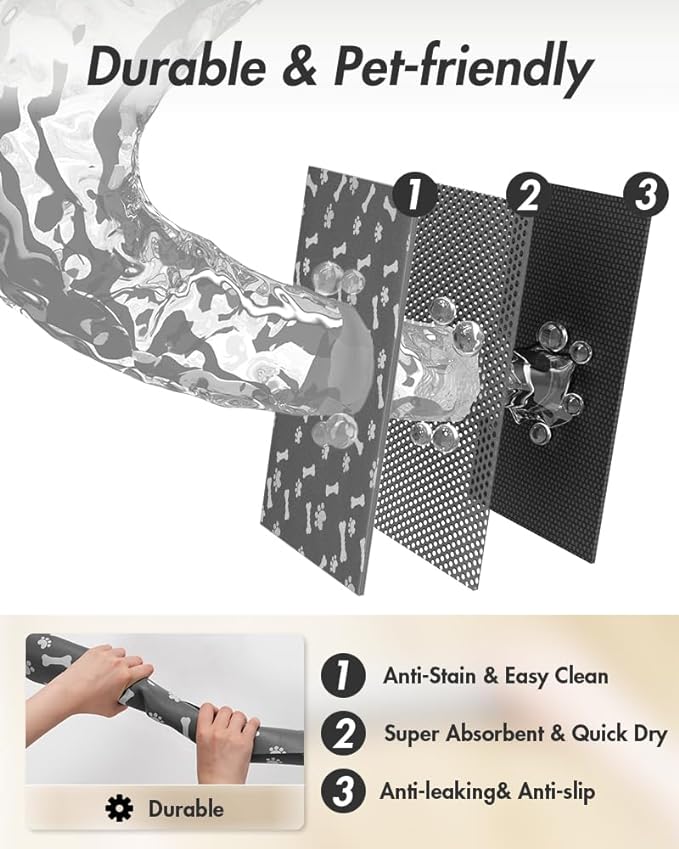 MontVoo Dog Food Mat-Pet Feeding Mat for Food and Water-No Stains Quick Dry Dispenser Cat Bowl Mat for Messy Drinkers(14"x22" Dark Grey)