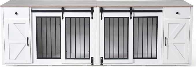 Verano Garden 88" Large Dog Crate, 2-in-1 Furniture-Style Dog Crate with Storage Drawer & Cabinet, Heavy Duty Dog Kennel Dog Cage Indoor for Small Medium Dogs, White (88.2")