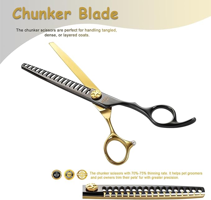 7.5'' Chunker Dog Grooming Scissors with Decorative Screw Sharp and Durable Black and Golden 440C Stainless Steel Dog Thinner Shears Easy Use for Groomers and Beginners.