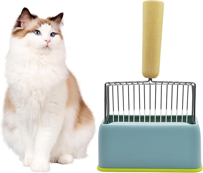 Cat Scooper for Litter Box with Holder,Kitty Litter Scoop Metal Fast Sifting Kitten Poop Shovel Stainless Steel Heavy Duty Cat Pan Scooper with Wood Handle（Blue）