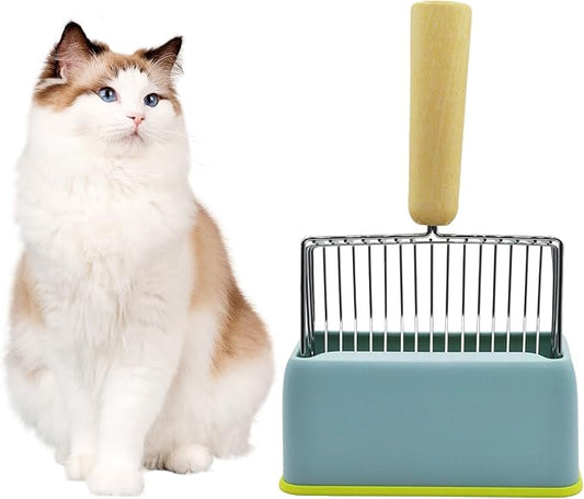 Cat Scooper for Litter Box with Holder,Kitty Litter Scoop Metal Fast Sifting Kitten Poop Shovel Stainless Steel Heavy Duty Cat Pan Scooper with Wood Handle（Blue）