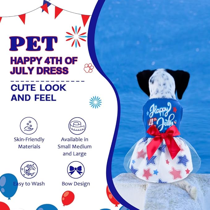 Happy 4th of July Dog Outfit Patriotic Dog Tulle Dress with Red Bowknot Independent Day Dogs Pet Doggie Apparel Clothes for Small Dogs Puppy Cats Girl
