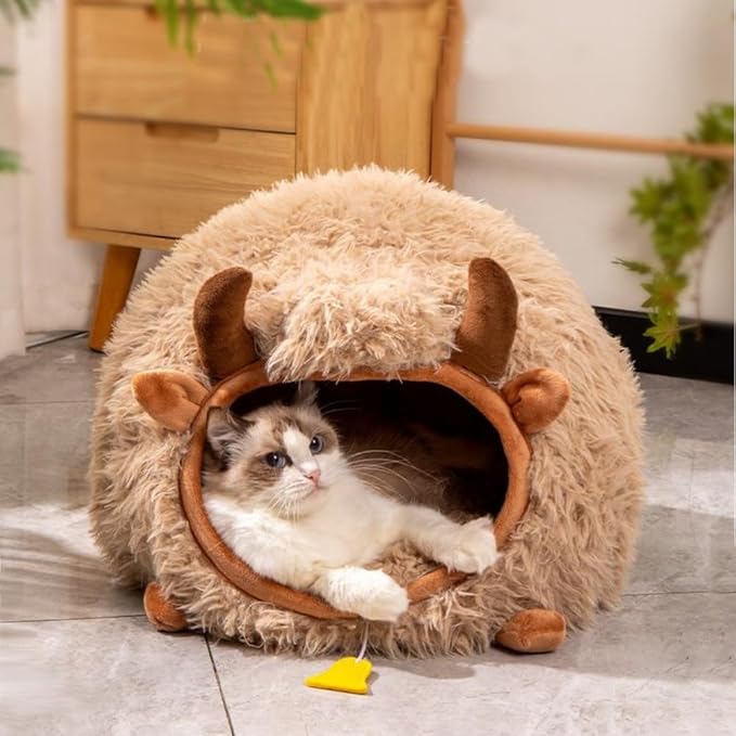 Cute Cat Bed Cave for Indoor Highland Cow Shaped Pet Plush House Self-Warming Nest Small Dogs Rabbits with Removable Cushion for Puppy Bed with Hanging Toy