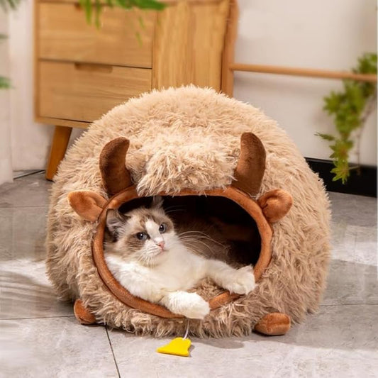 Cute Cat Bed Cave for Indoor Highland Cow Shaped Pet Plush House Self-Warming Nest Small Dogs Rabbits with Removable Cushion for Puppy Bed with Hanging Toy