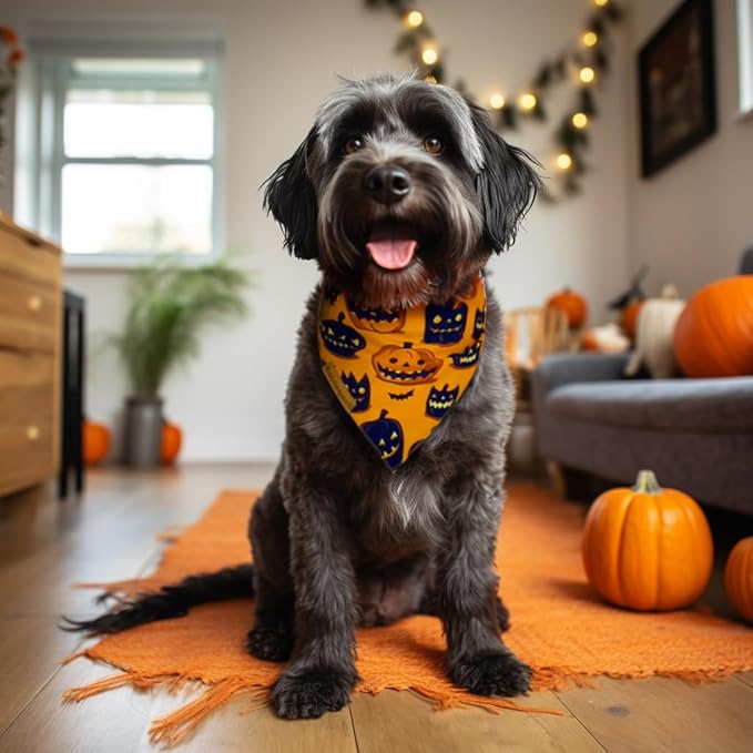 Halloween Dog Bandanas - 2 Pack 4 Pattern Bat & Pumpkin Pattern Dog Bibs - Reversible, Washable & Durable - Suitable for Small to X-Large Breeds