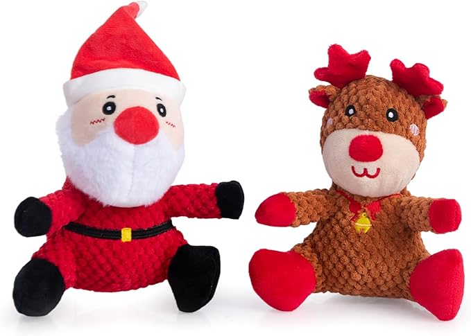 Hollypet Christmas Squeaky Plush Stuffed Durable Dog Toys, Cute Puppy Chew Toys for Small, Medium and Large Breed Dogs,Santa Claus and Christmas Elk