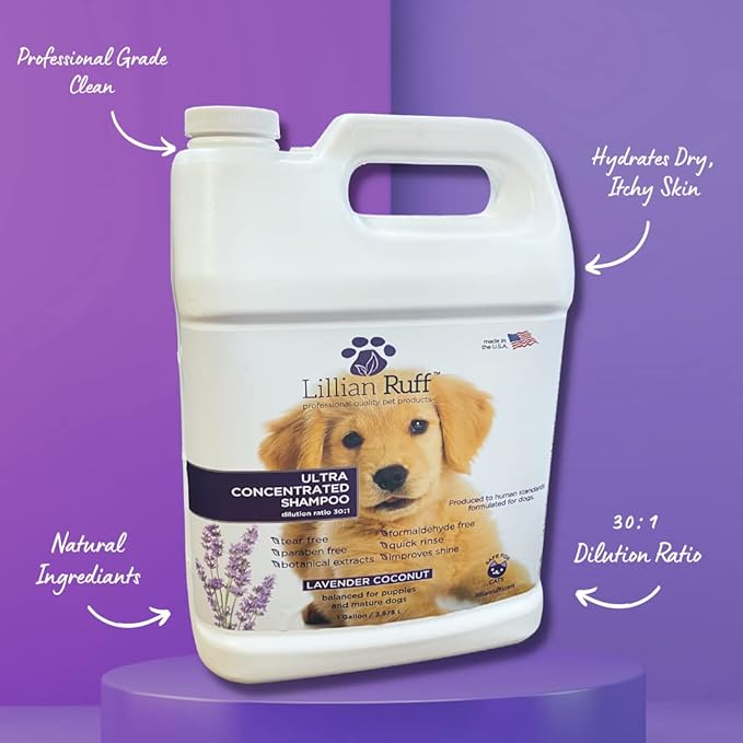 Lillian Ruff PRO Formula Ultra Concentrated Dog Shampoo – Makes 4 Gallons/30 Bottles, 30:1 Dilution, Professional Pet Shampoo for Sensitive Skin | Deodorizing & pH-Balanced Made in USA - Gallon