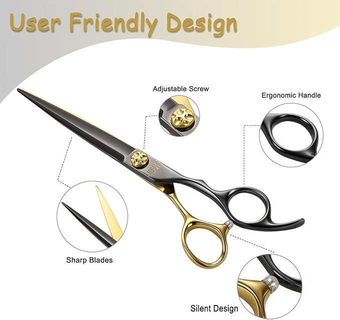 7.5'' Professional Straight Dog Grooming Scissors with Decorative Screw Sharp and Durable Black and Gold 440C Stainless Steel Dog Shears Easy Use for Groomers and Home user.