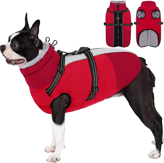 AOFITEE Dog Coat, Warm Dog Jacket with Harness Built-in, Waterproof Medium Dogs Cold Weather Coat with Zipper, Reflective Fleece Lined Pet Snow Jackets for Pug, Jack Russell, Boston Terrier, Red M