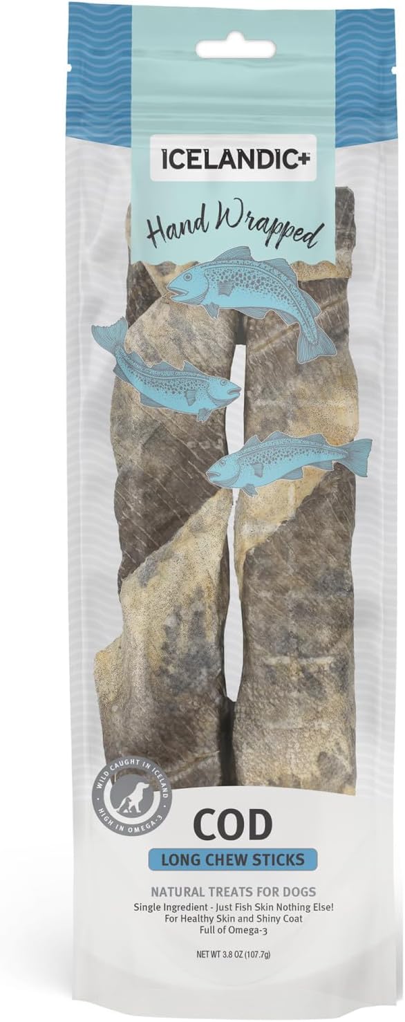 Icelandic+ Long Chew Sticks: Cod Skin - 2Piece 10" Hand Wrapped Dog Treats, 3.2oz, Wild- Caught, Air-Dried Single Ingredient Pet Snacks, Just The Fish