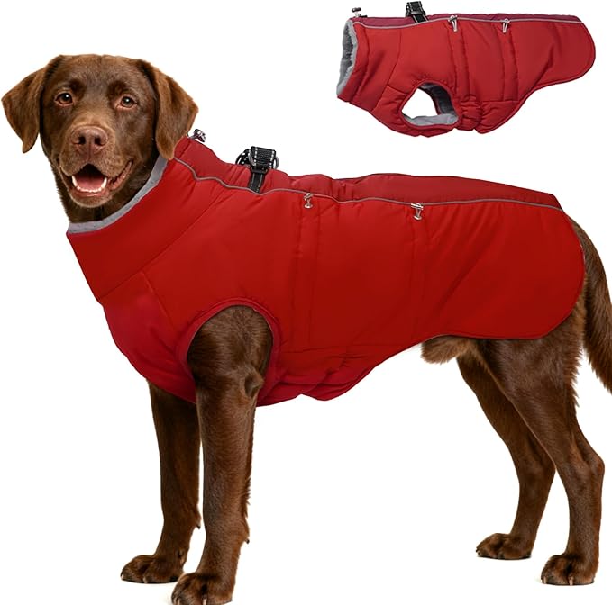 Dog Winter Jacket - 3X Large, Warm Zip Up Snowsuit Dog Harness Vest, Reflective, Water-Resistant, Red