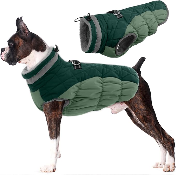Lelepet Warm Dog Winter Coat Dog Coats for Large Dogs Waterproof Dogs Jacket with Harness Built in Reflective Cold Weather Coats Windproof Zip-Up Winter Fleece Vest Snowsuit Boxer Teal Green XL