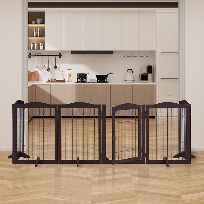 unipaws 132" Extra Wide Dog Gate and Pet Playpen, Free Standing Tall Dog Fence with Walk Through Door, Dog Barriers for Home, Use as Indoor Dogs Cats Pen, Rabbit Pen, Espresso