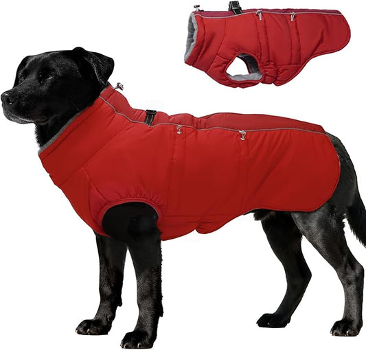 Dog Winter Jacket - Large, Warm Zip Up Snowsuit Dog Harness Vest, Reflective, Water-Resistant, Red