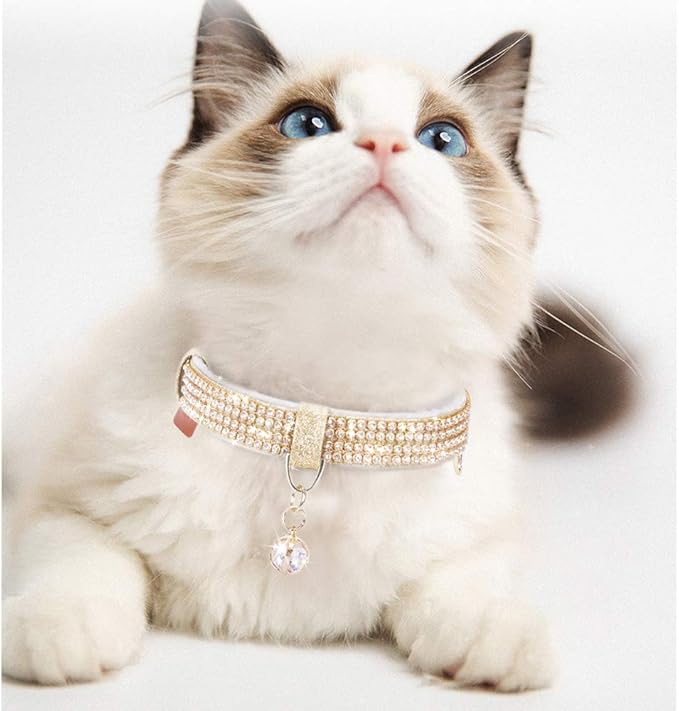 PetsHome Cat Collar, Dog Collar, [Bling Rhinestones] Premium PU Leather with Pendant Adjustable Collars for Cat and Small Dog Extra Small Gold