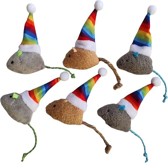 6-Pack Christmas Catnip Cat Mice Toys with Rainbow Santa Hats - Interactive Cat Toys for Indoor Cats & Kittens, Christmas & Thanksgiving Gift