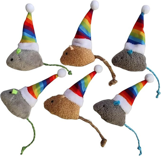 6-Pack Christmas Catnip Cat Mice Toys with Rainbow Santa Hats - Interactive Cat Toys for Indoor Cats & Kittens, Christmas & Thanksgiving Gift