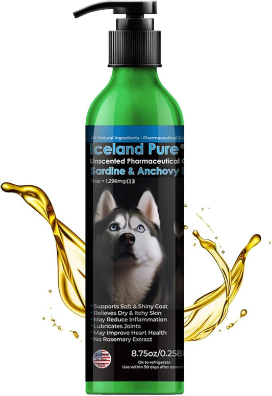 Iceland Pure Sardine Anchovy Oil | Wild Caught | 1597mg of Omega 3 per teaspoon | Unscented Pharmaceutical Grade | For Dogs and Cats | BPA-Free Brushed Aluminum Epoxy coated Bottle with Pump 8.75oz