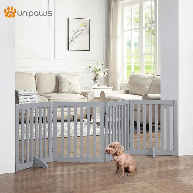 unipaws 24" H Free Standing Pet Gate for Dog Cat, Wooden Dog Gates for Doorway, Stairs, Step Over Foldable Pet Fence for The House, Expandable Barrier, Indoor Use, Grey
