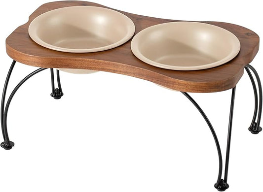 Ceramic 7.1-inch Raised Double-Bowl Set with Non-Slip Stand, Food & Water Dishes for Medium and Large Dogs, Wide Opening with Rounded Edges(Oat Beige)