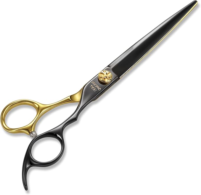 7.5'' Professional Straight Dog Grooming Scissors with Decorative Screw Sharp and Durable Black and Gold 440C Stainless Steel Dog Shears Easy Use for Groomers and Home user.