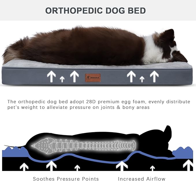 MIHIKK Waterproof Dog Bed Medium Size Dog Orthopedic Pet Beds for Crate with Removable Washable Cover Egg-Crate Foam Pet Pad Mat with Anti-Slip Bottom, 35x22 Inch, Light Grey