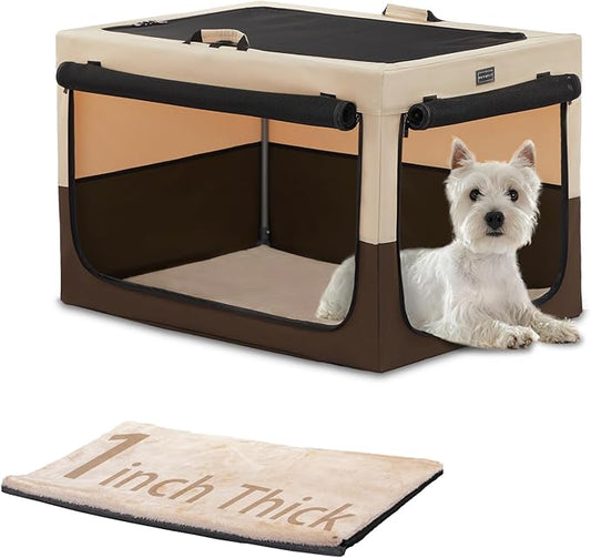 PETSFIT Portable Dog Crate, Collapsible Dog Crate - 24 Inch Easy Set-up, Light, Sturdy, Comfy Inside with Thicken Mat, Soft Crate for Home and Travel Brown
