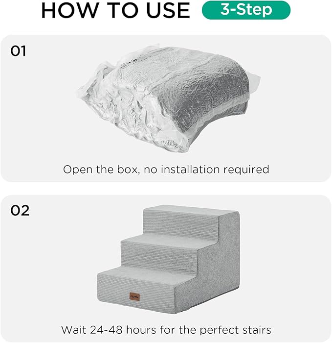Made4Pets Dog Stairs for Small Dogs, Extra Wide Dog Steps for Bed Couch Sofa and Chair, 35D Foam Pet Steps for Small Dogs and Cats(Up to 40lbs), Non-Slip Bottom Pet Stairs, Light Grey, 3 Steps