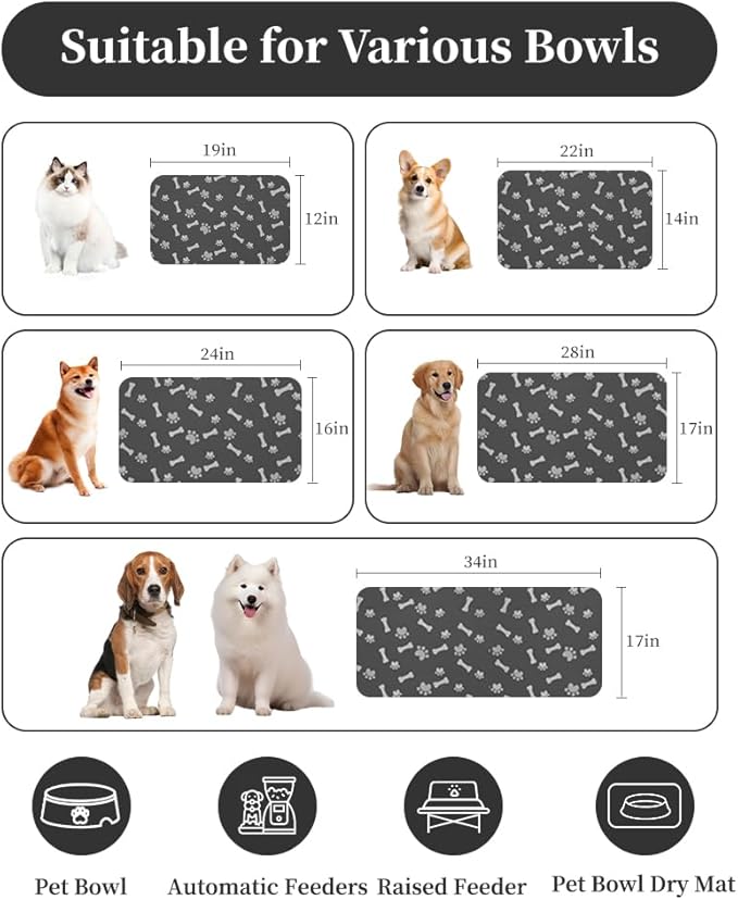 MontVoo Dog Food Mat-Pet Feeding Mat for Food and Water-No Stains Quick Dry Dispenser Cat Bowl Mat for Messy Drinkers(16"X24" Dark Grey)