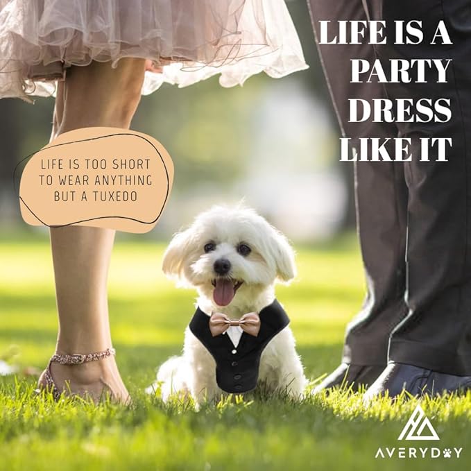 AVERYDAY Dog Tuxedo for Wedding Outfit, Dog Suit and Tie Costumes for Birthday, Halloween, Cosplay, Christmas Party, Pet Formal Wear with Bowtie, Tux for Small Dogs, Chihuahua, Bichon, Maltese, Cats